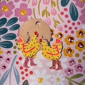 Yellow Chicken Earrings with Pink Glitter Boots